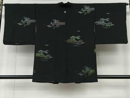 平和屋着物＃羽織　寿光織　草花文　黒地　金銀糸　正絹　逸品　CABI9397ua