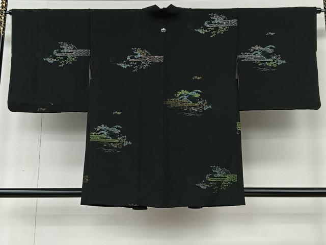 平和屋着物＃羽織　寿光織　草花文　黒地　金銀糸　正絹　逸品　CABI9397ua