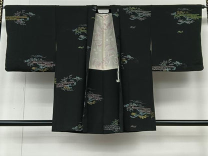 平和屋着物＃羽織　寿光織　草花文　黒地　金銀糸　正絹　逸品　CABI9397ua