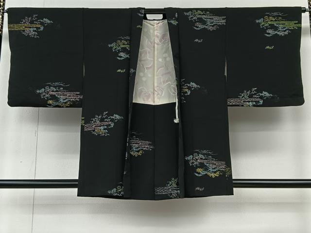 平和屋着物＃羽織　寿光織　草花文　黒地　金銀糸　正絹　逸品　CABI9397ua