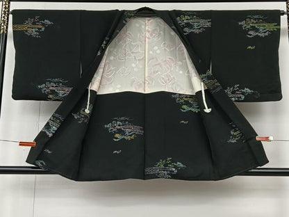 平和屋着物＃羽織　寿光織　草花文　黒地　金銀糸　正絹　逸品　CABI9397ua
