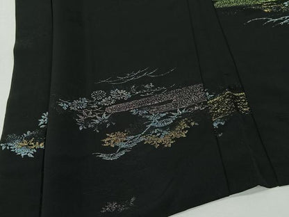 平和屋着物＃羽織　寿光織　草花文　黒地　金銀糸　正絹　逸品　CABI9397ua