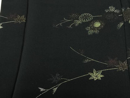平和屋着物＃羽織　寿光織　流水草花文　黒地　金糸　正絹　逸品　CABI9398ua