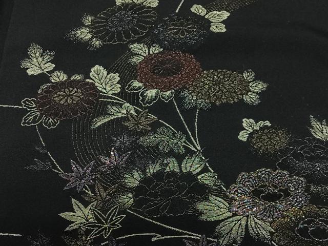 平和屋着物＃羽織　寿光織　流水草花文　黒地　金糸　正絹　逸品　CABI9398ua