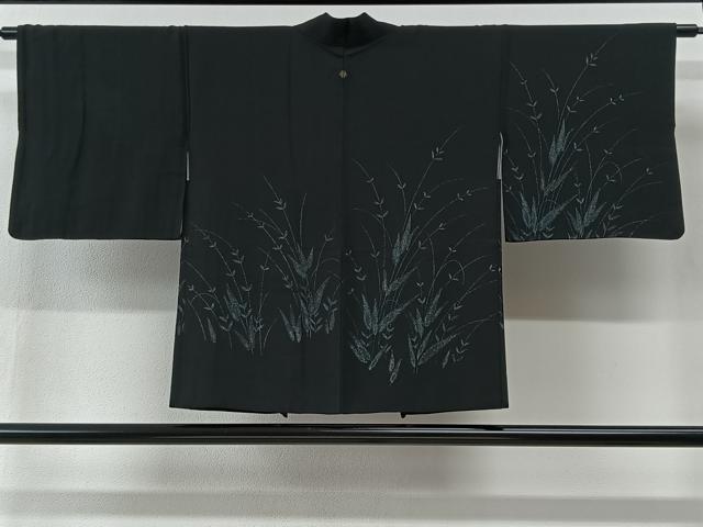 平和屋着物＃羽織　寿光織　草葉文　黒地　金銀糸　正絹　逸品　CABI9406ua