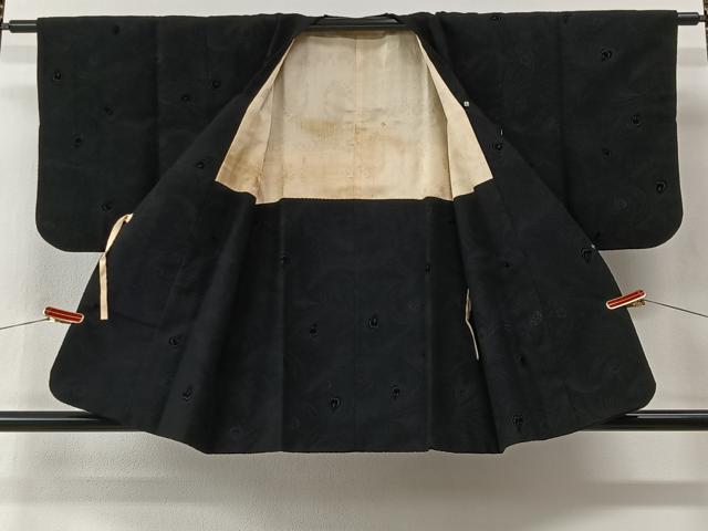 平和屋着物＃道行コート　輪奈ビロード　孔雀羽地紋　黒地　正絹　逸品　CABI9421ua