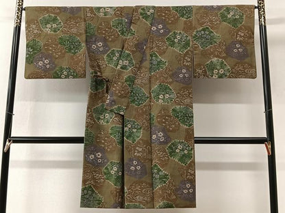 平和屋着物＃道中着　紬地　絞り　草花文　金彩　ロング丈　正絹　逸品　CABI9423ua