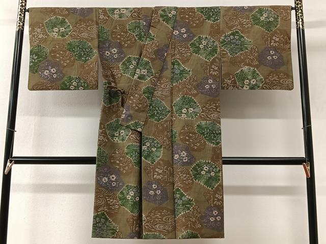 平和屋着物＃道中着　紬地　絞り　草花文　金彩　ロング丈　正絹　逸品　CABI9423ua