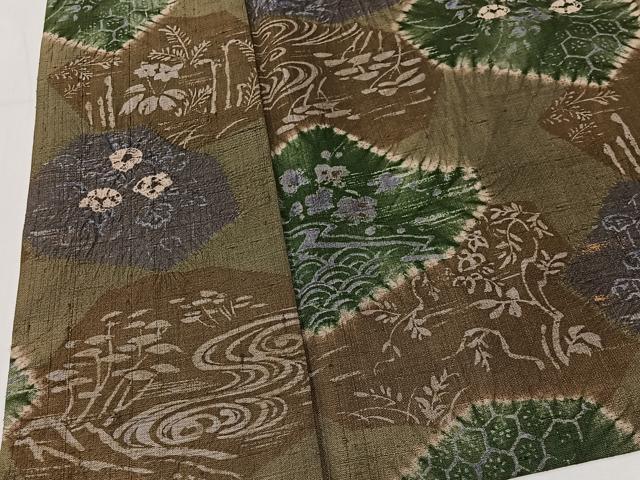 平和屋着物＃道中着　紬地　絞り　草花文　金彩　ロング丈　正絹　逸品　CABI9423ua