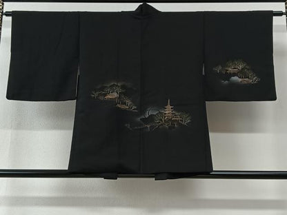 平和屋着物＃羽織　風景文　黒地　金彩　正絹　逸品　CABI9426ua