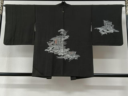 平和屋着物＃羽織　風景文　黒地　正絹　逸品　CABI9428ua