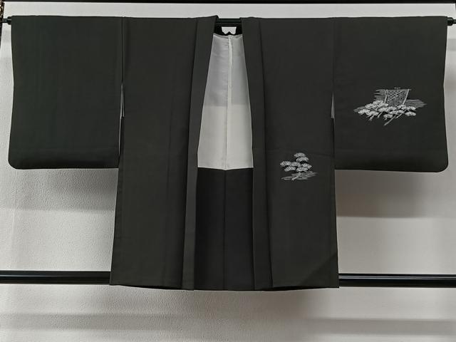 平和屋着物＃羽織　風景文　黒地　正絹　逸品　CABI9428ua