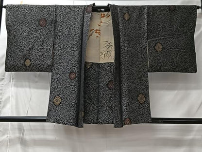 平和屋着物＃羽織　寿光織　花菱文　黒地　金銀糸　正絹　逸品　CABI9454ua