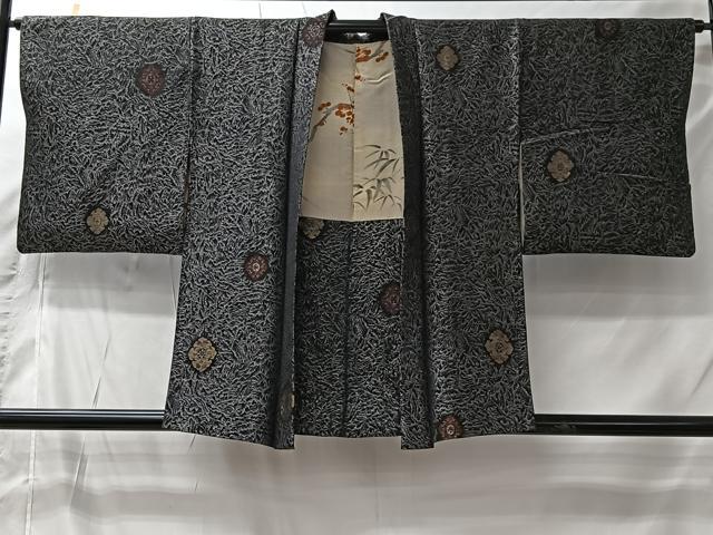 平和屋着物＃羽織　寿光織　花菱文　黒地　金銀糸　正絹　逸品　CABI9454ua