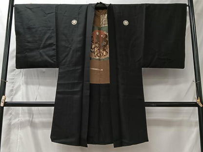 平和屋着物＃男性　長羽織　黒紋付　正絹　逸品　CABI9455ua