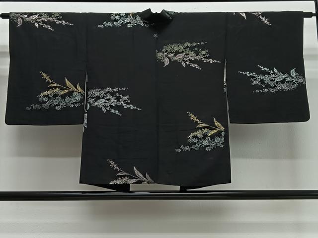 平和屋着物＃羽織　寿光織　草花文　黒地　金銀糸　正絹　逸品　CABI9470ua