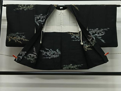 平和屋着物＃羽織　寿光織　草花文　黒地　金銀糸　正絹　逸品　CABI9470ua