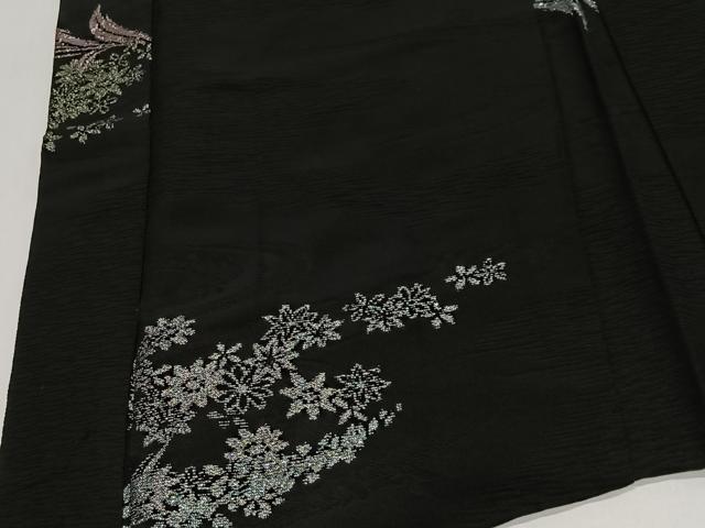 平和屋着物＃羽織　寿光織　草花文　黒地　金銀糸　正絹　逸品　CABI9470ua