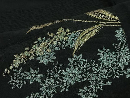平和屋着物＃羽織　寿光織　草花文　黒地　金銀糸　正絹　逸品　CABI9470ua