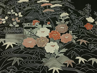 平和屋着物＃羽織　刺繍　風景文　黒地　金糸　正絹　逸品　CABI9473ua