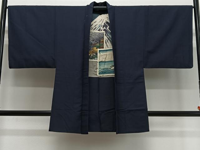 平和屋着物＃男性　長羽織　紬地　藍鉄色　正絹　逸品　CABI9475ua