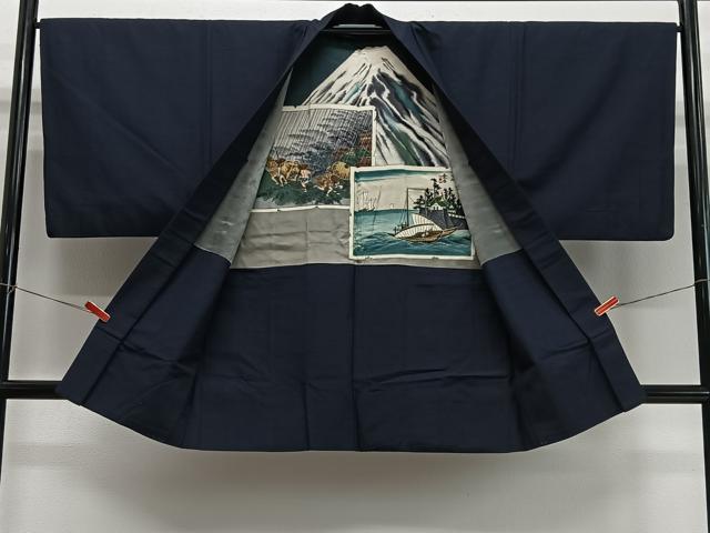 平和屋着物＃男性　長羽織　紬地　藍鉄色　正絹　逸品　CABI9475ua