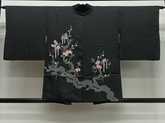 平和屋着物＃羽織　刺繍　絞り　草花文　黒地　銀彩　正絹　逸品　CABI9478ua