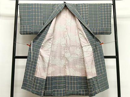 平和屋着物＃道中着 格子 鬼しぼ縮緬 ロング丈 正絹 逸品 CABI9481ua