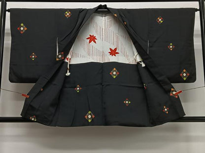平和屋着物＃羽織　寿光織　菱文　黒地　金糸　正絹　逸品　CABI9482ua