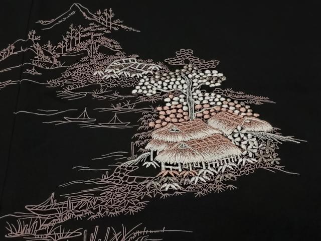 平和屋着物＃羽織　刺繍　風景文　黒地　銀糸　正絹　逸品　CABI9483ua