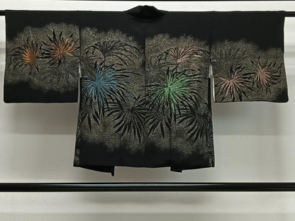 平和屋着物＃羽織　寿光織　草葉文　黒地　金銀糸　正絹　逸品　CABI9484ua