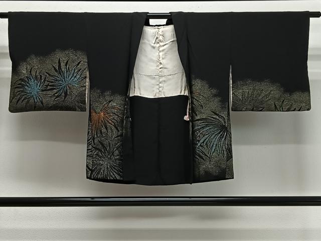 平和屋着物＃羽織　寿光織　草葉文　黒地　金銀糸　正絹　逸品　CABI9484ua