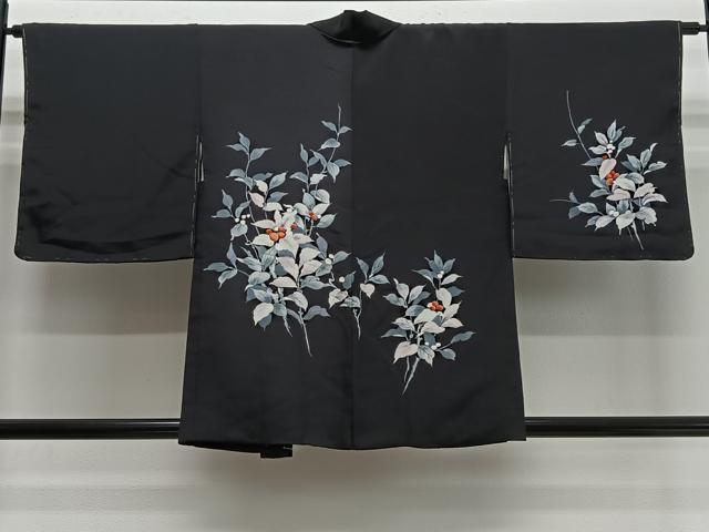 平和屋着物＃羽織　枝葉文　黒地　正絹　逸品　未使用　CABI9487ua