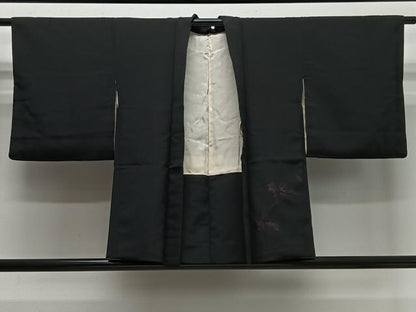 平和屋着物＃羽織　寿光織　枝葉文　黒地　銀糸　正絹　逸品　CABI9488ua