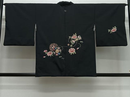 平和屋着物＃羽織　総刺繍　花丸文　黒地　金糸　洗える着物　CABI9493ua