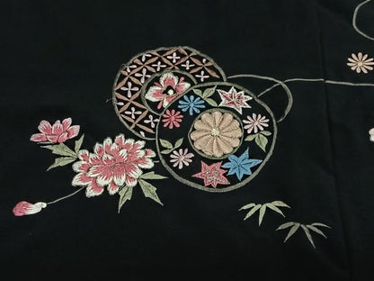 平和屋着物＃羽織　総刺繍　花丸文　黒地　金糸　洗える着物　CABI9493ua