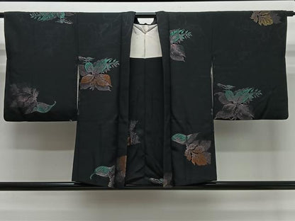 平和屋着物＃羽織　寿光織　舞葉文　黒地　金糸　正絹　逸品　CABI9494ua