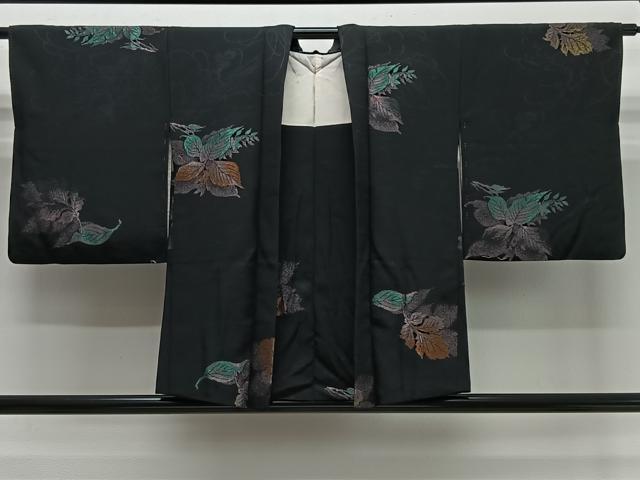平和屋着物＃羽織　寿光織　舞葉文　黒地　金糸　正絹　逸品　CABI9494ua