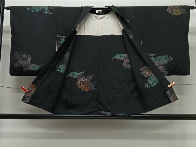平和屋着物＃羽織　寿光織　舞葉文　黒地　金糸　正絹　逸品　CABI9494ua