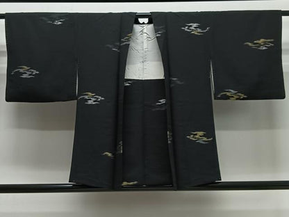 平和屋着物＃羽織　寿光織　霞文　黒地　金銀糸　正絹　逸品　CABI9504ua