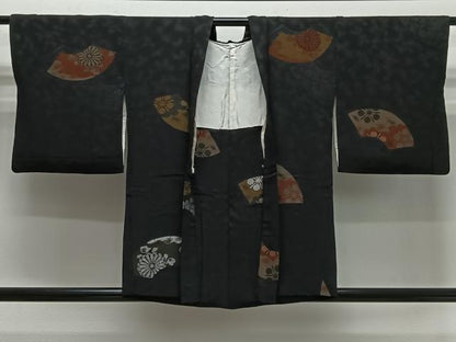 平和屋着物＃羽織　寿光織　地紙花文　黒地　金銀糸　正絹　逸品　CABI9506ua