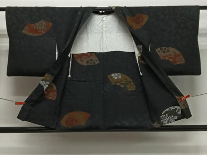 平和屋着物＃羽織　寿光織　地紙花文　黒地　金銀糸　正絹　逸品　CABI9506ua