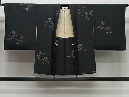 平和屋着物＃羽織　寿光織　枝葉文　黒地　金銀糸　正絹　逸品　CABI9512ua