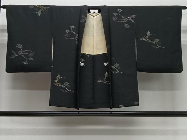 平和屋着物＃羽織　寿光織　枝葉文　黒地　金銀糸　正絹　逸品　CABI9512ua
