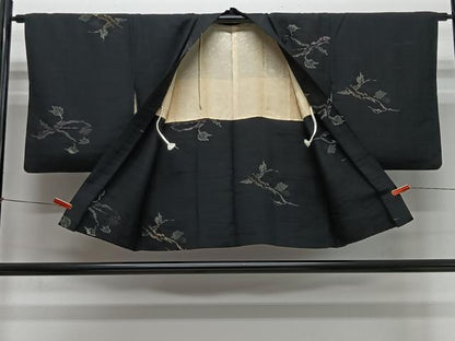 平和屋着物＃羽織　寿光織　枝葉文　黒地　金銀糸　正絹　逸品　CABI9512ua