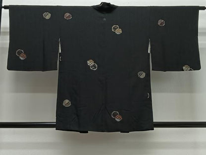 平和屋着物＃羽織　寿光織　花丸文　黒地　金銀糸　正絹　逸品　CABI9519ua