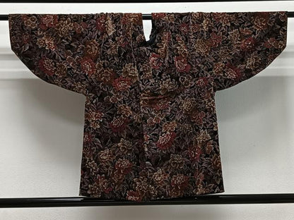 平和屋着物＃和装コート　ベロア　草花文　黒地　綿　逸品　CABI9526ua