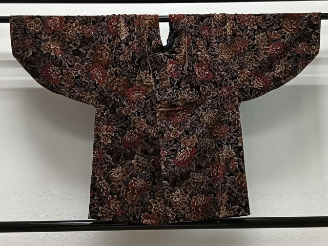 平和屋着物＃和装コート　ベロア　草花文　黒地　綿　逸品　CABI9526ua