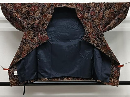 平和屋着物＃和装コート　ベロア　草花文　黒地　綿　逸品　CABI9526ua