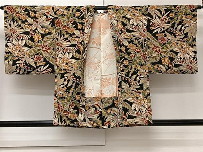 平和屋着物＃羽織　更紗草花文　黒地　金彩　正絹　逸品　未使用　CABI9532ua